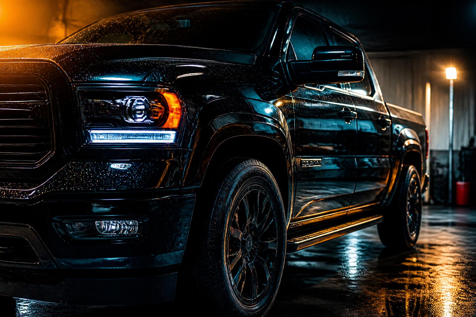 Freshly detailed black truck gleaming under studio lights